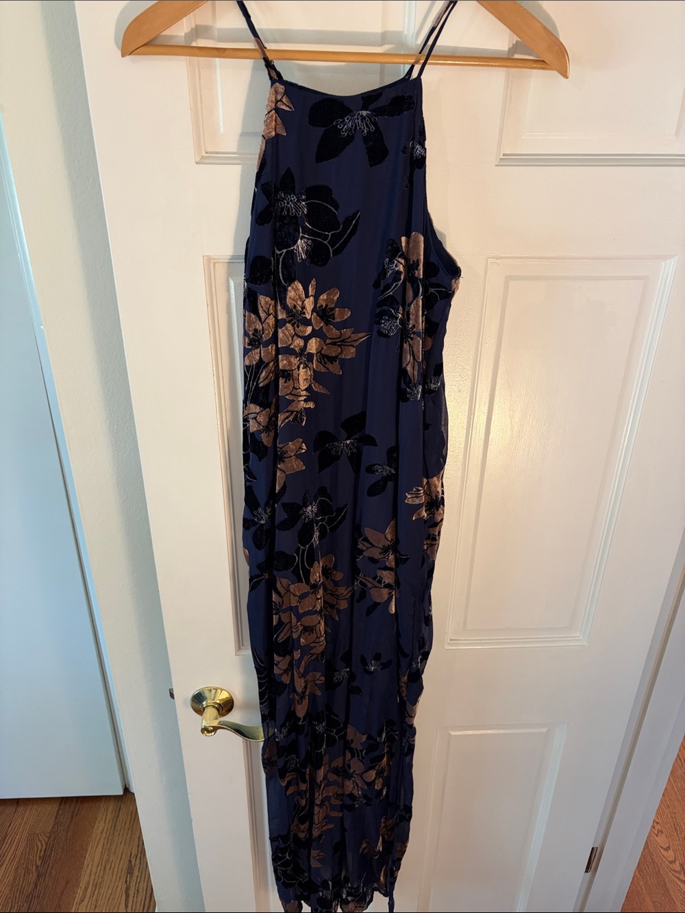 Lulu's Navy Maxi Dress with Bronze Floral Print w/ Sheer bottom